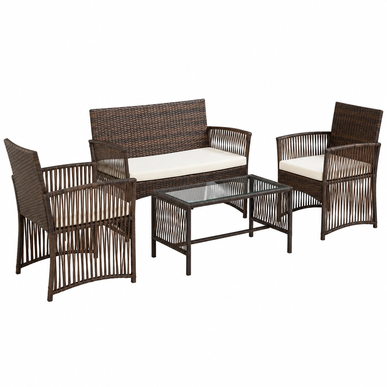 Salon de jardin, en résine tressée, coloris marron, 4 pièces, pour la terrasse ou le jardin