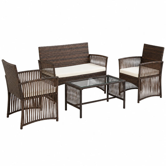 Salon de jardin, en résine tressée, coloris marron, 4 pièces, pour la terrasse ou le jardin
