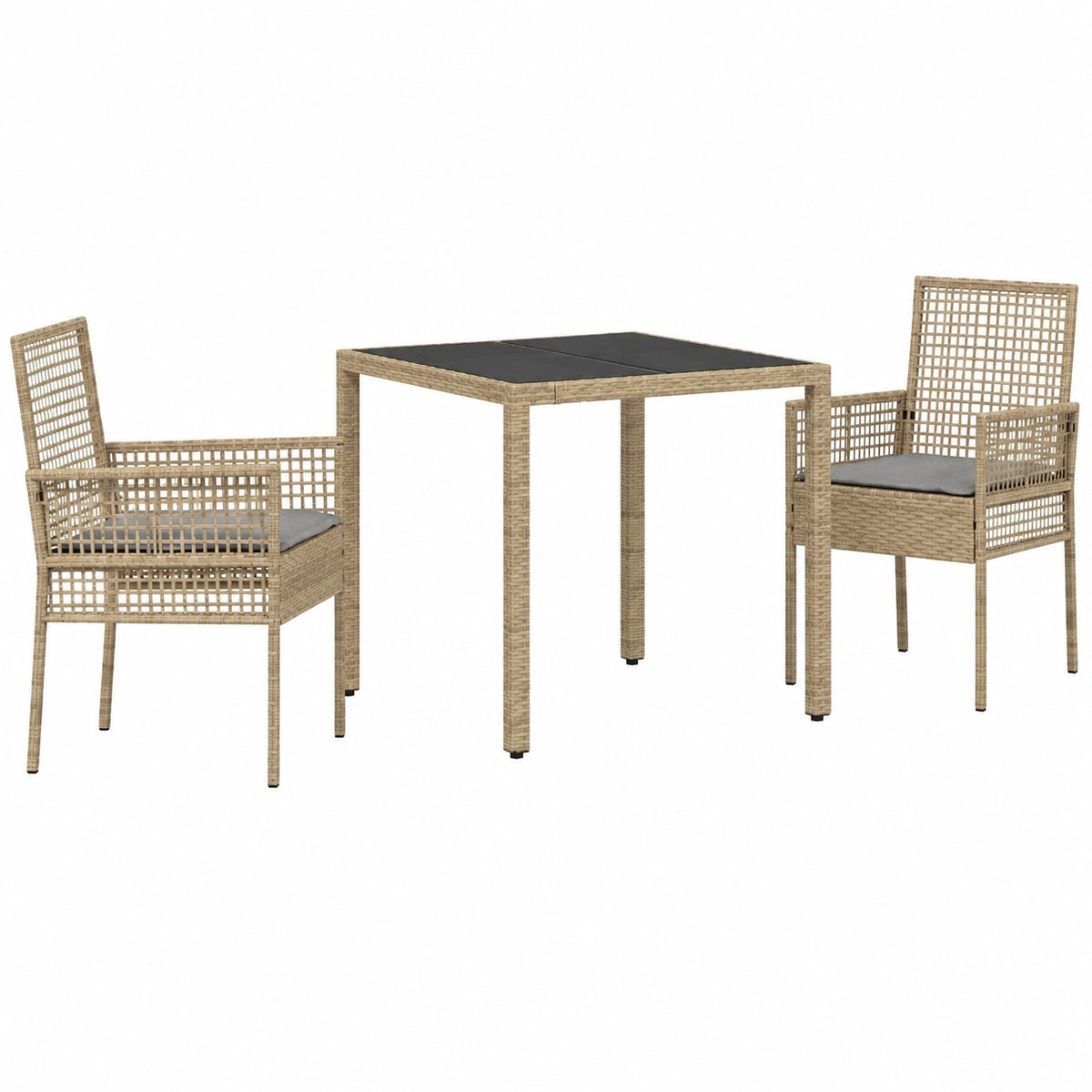 Salon de jardin, 3 pièces, en verre et résine tressée, coloris beige, pour la terrasse ou le jardin