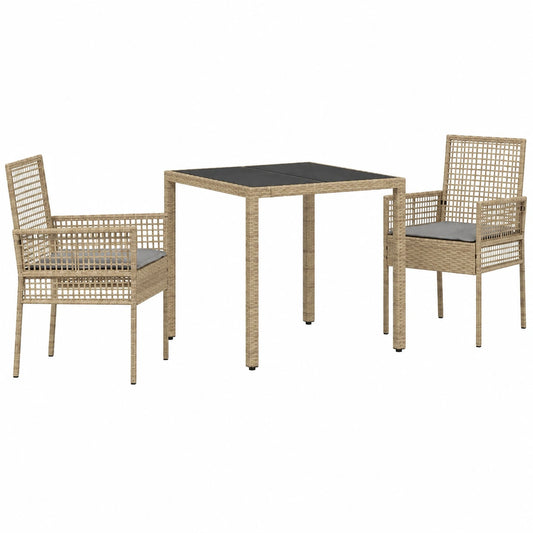 Salon de jardin, 3 pièces, en verre et résine tressée, coloris beige, pour la terrasse ou le jardin