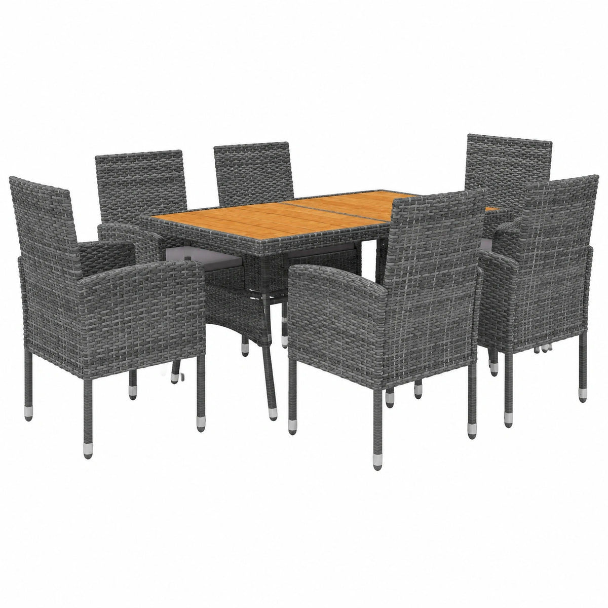 Table à manger, 7 pièces, en résine tressée, coloris gris, pour la salle à manger