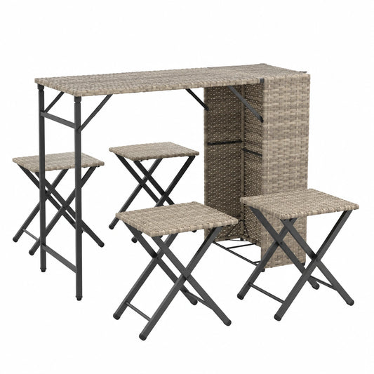 Salon de jardin, avec 4 tabourets, pliable, en résine tressée, 5 pièces, 90 x 55 x 73 cm, coloris gris, pour la terrasse ou le jardin