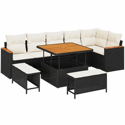 Salon de jardin, en résine tressée, modulable, coloris noir, 9 pièces, pour la terrasse ou le jardin