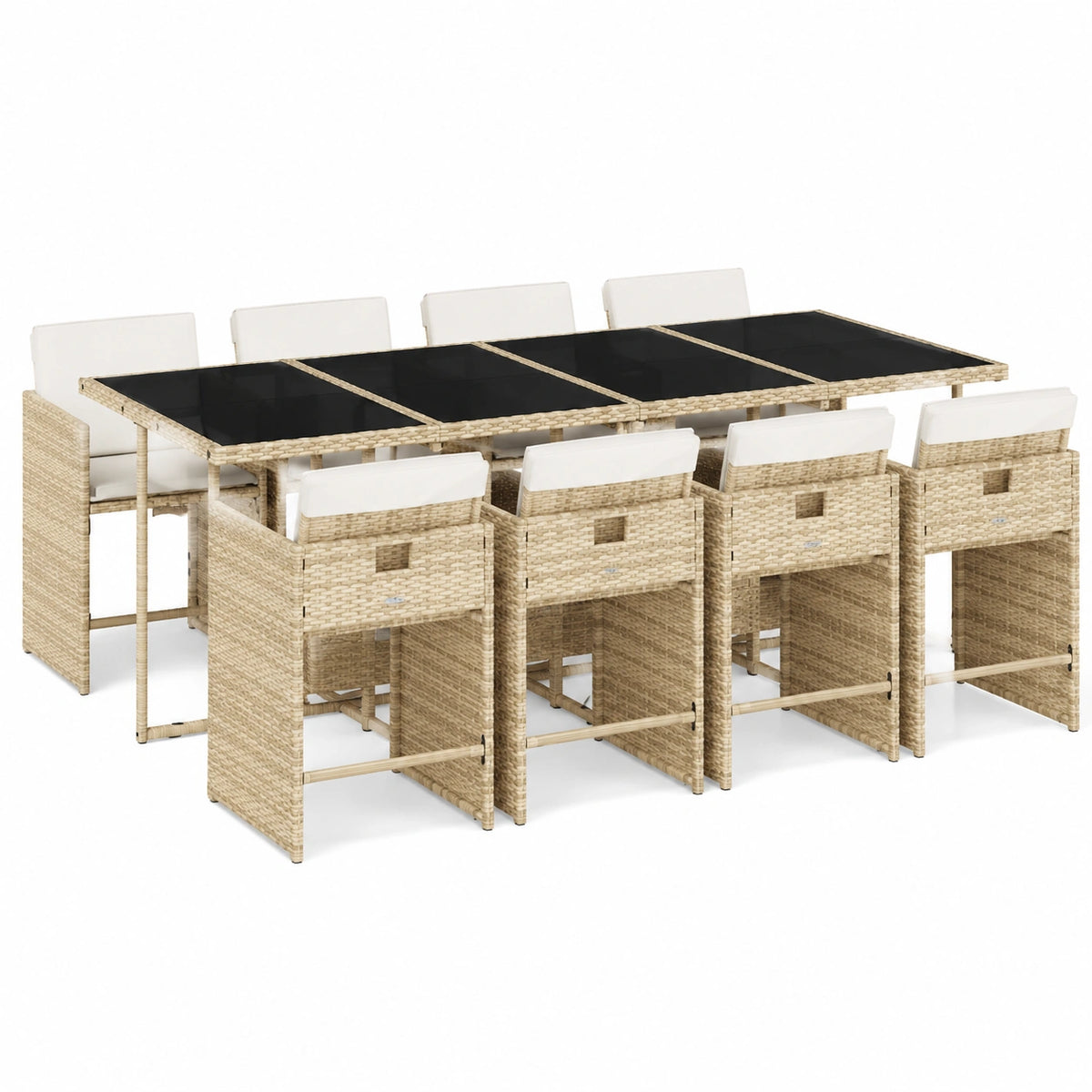 Salon de jardin, 9 pièces, avec rangement, en verre trempé et résine tressée, coloris beige, pour la terrasse ou le jardin