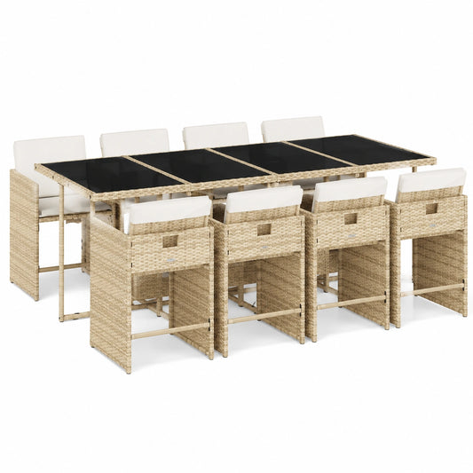 Salon de jardin, 9 pièces, avec rangement, en verre trempé et résine tressée, coloris beige, pour la terrasse ou le jardin