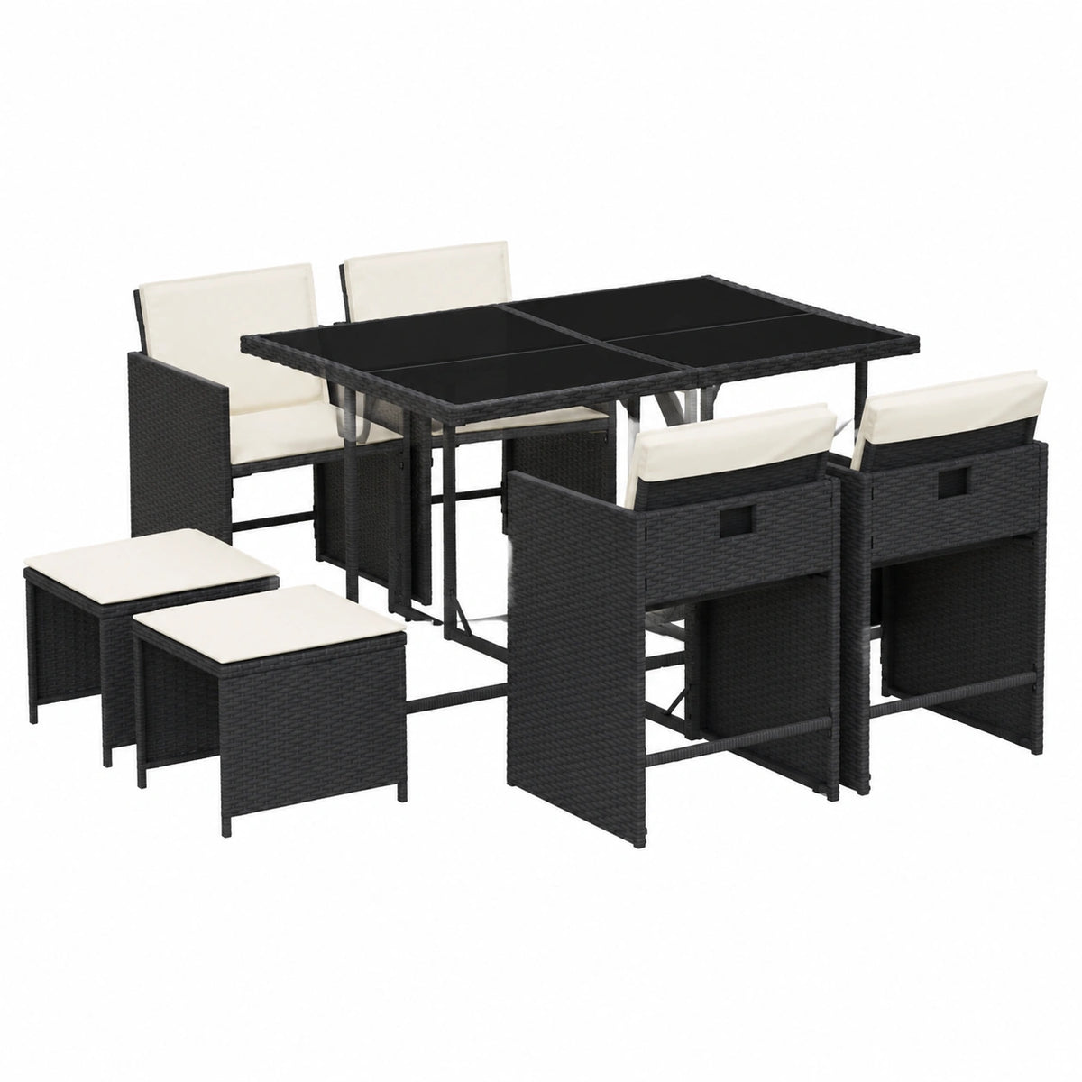 Salon de jardin, 9 pièces, pliable, avec rangement, en verre trempé et résine tressée, coloris noir, 110 x 106 x 73 cm, pour la terrasse ou le jardin